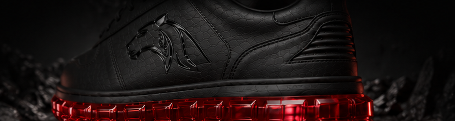 JAGORR collection featuring a black sneaker and transparent ruby-red sole
